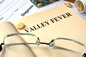 Word Valley fever  on a book and pills.