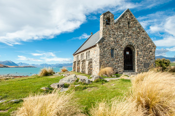 Church of the Good Shepherd, Lake Tekapo, New Zealand is a popular wedding church - obrazy, fototapety, plakaty