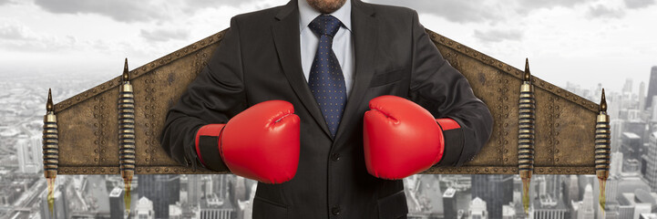 Businessman superhero in boxing gloves - obrazy, fototapety, plakaty