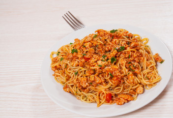 capellini pasta with tomato and meat sauce