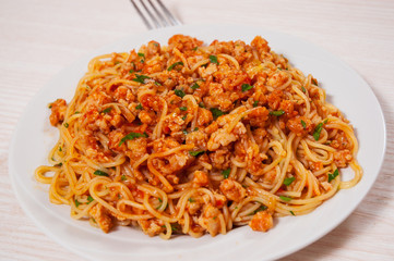 capellini pasta with tomato and meat sauce