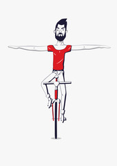 Hipster man riding a bike without holding the handlebars. Vector illustration.