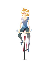 Hipster girl riding a bike on white background. Vector illustration.