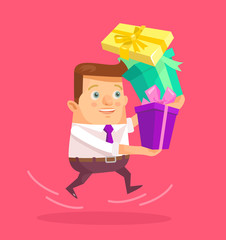 Businessman holding big gift boxes. Vector flat illustration