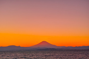 Fototapeta premium 江の島大橋から見た夕焼けの相模湾と富士山