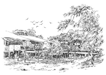 Obraz premium landscape sketch of fishing village in summer