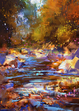 beautiful fall river lines with colorful stones in autumn forest,digital painting