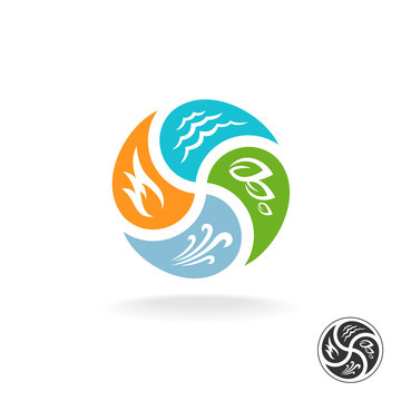 Four natural elements logo. Fire, water, air wind and nature pow