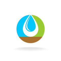Letter O with liquid water drop logo. Sky, nature and soil color