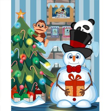 Snowman Carrying A Gift And Wearing A Hat And A Bow Ties with christmas tree and fire place Vector Illustration