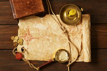 Vintage map and accessories for the treasure hunt and travel