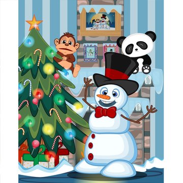 Snowman wearing a hat and a bow ties with christmas tree and fire place Vector Illustration