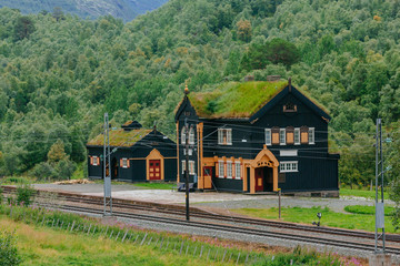 Fototapeta na wymiar Traditional small railway station somewhere in Norway, Europe