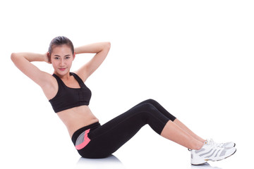Fototapeta na wymiar Happy woman stretching exercise. Fitness concept