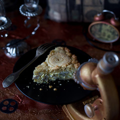 pie dough with chicken and potatoes Steampunk. Selective focus