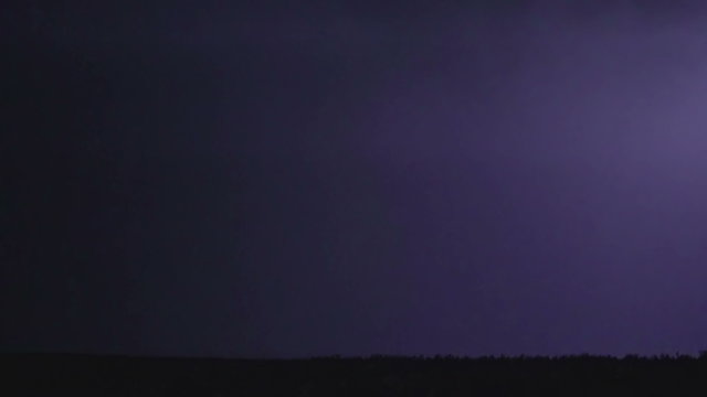 Various lightning bolts strike forest night landscape, sound included. Time lapse of spring thunderstorm at nighttime. Scary nightmare about wrath of God, doomsday. Bad weather forecast, storm warning