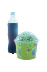 Popcorn in papercup with cola in a bottle on white background in