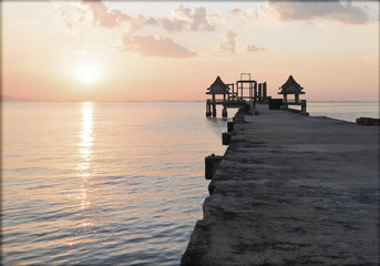 Landscape of Concrete bridge in the port between building at sun