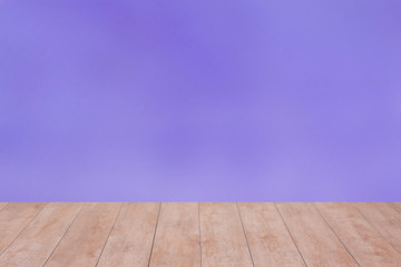 Wood table top on blue color abstract blurred background. ready for product display