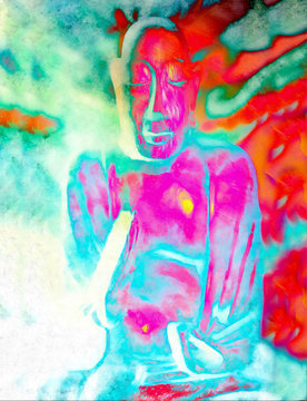 Buddha silhouette in lotus position against colorful grunge background.