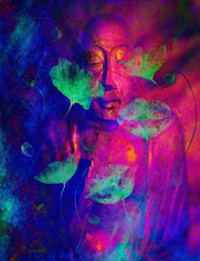 Fototapeta na wymiar buddha and flower, abstract background. computer collage painting. Religion concept.