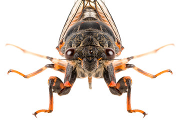 The Cicadetta montana or New Forest Cicada isolated on white background, head-on view.