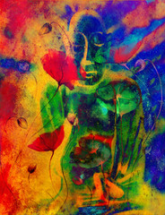 buddha and flower, abstract background. computer collage painting. Religion concept.