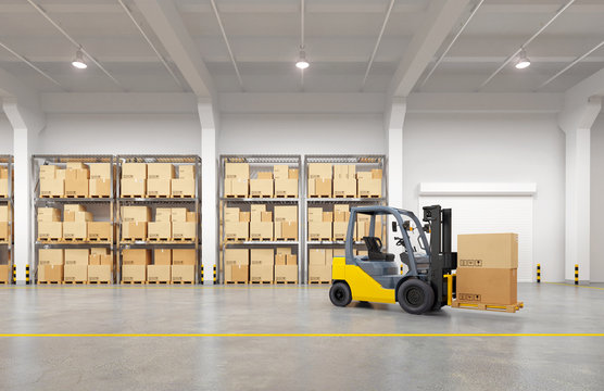 Forklift truck in warehouse. 3d illustration.
