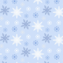 Snowflake seamless pattern blue background. Can be used for New Year and Christmas concepts. Snowfall elements, banners, posters, greeting cards. Vector design. swatches included.