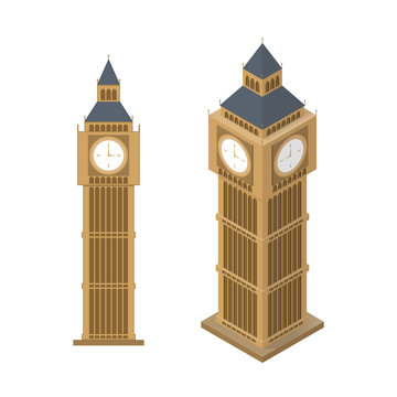 Isometric simple illustration of Big Ben tower in london. Isolated on white. EPS10 vector.