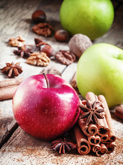 Fresh red and green apples, cinnamon sticks, ground cinnamon, an