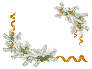 Decorative Christmas tree branch with golden ribbons and place for text