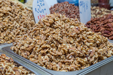 A group of walnuts. Store spices
