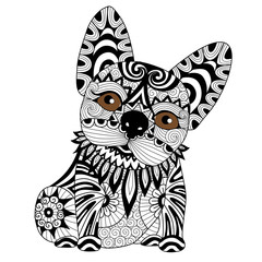 Hand drawn zentangle bulldog puppyfor coloring page, shirt design, tattoo,logo and so on