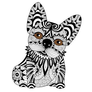 Hand drawn zentangle bulldog puppyfor coloring page, shirt design, tattoo,logo and so on