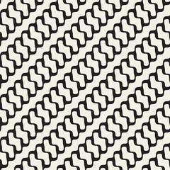 Vector Seamless Black and White Diagonal Rounded Wavy Lines Pattern