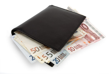 Stack of euro banknotes in black wallet isolated on white. Clipping path incl.
