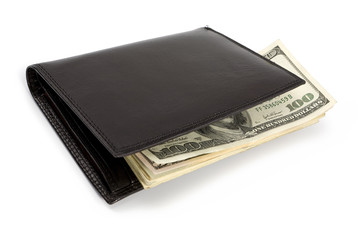 Stack of dollar banknotes in black wallet isolated on white. Clipping path incl.