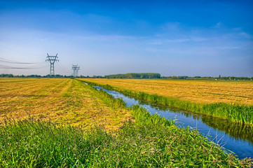 Fototapeta na wymiar Dutch landscape with a canal and grass fields