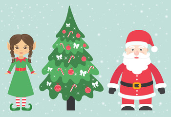 santa claus and girl elf with braid and fir-tree 