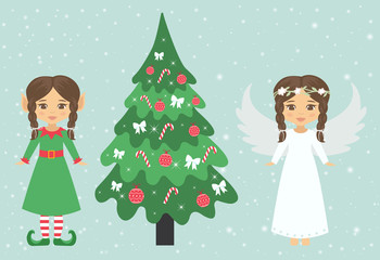 christmas angel and girl elf with braid and fir-tree