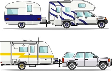 Naklejka premium Set of car and travel trailers on a white background in flat style. Vector illustration