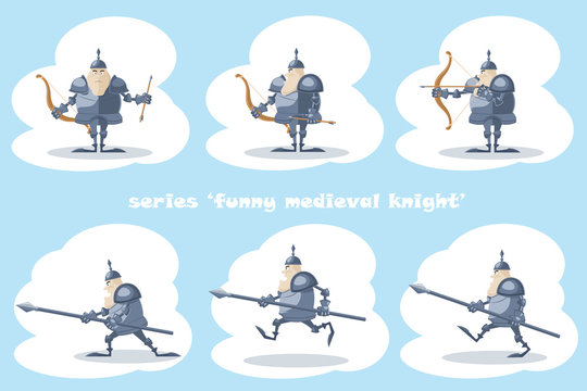 A set of vector shapes funny medieval knight with a spear in the hands and archer with arrow  isolated on white background