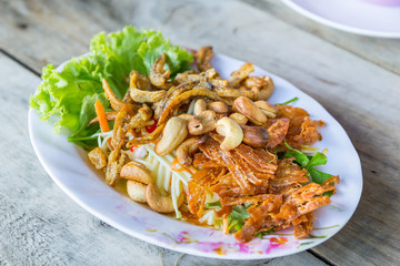 Crispy small fish and cashews in spicy salad