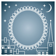 Vector background with an old town landscape and round frame with free space for your text.