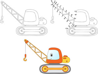 Cartoon crane. Vector illustration. Coloring and dot to dot game