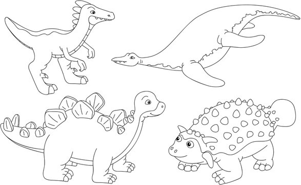 Set of pliosaur, stegosaurus, ankylosaurus and guanlong. Colorin