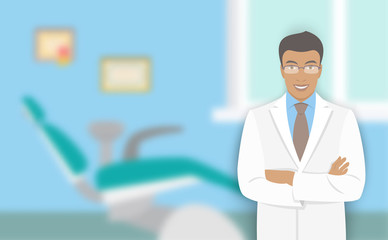 Fototapeta premium Young man dentist at the dental office. Vector flat illustration with a blurred background. Smiling friendly African American physician stomatologist in the office with a dental chair