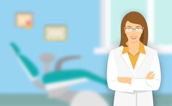 Young woman dentist at the dental office. Vector flat illustration with a blurred background. Smiling friendly physician stomatologist in the office with a dental chair