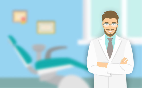 Young man dentist at the dental office. Vector flat illustration with a blurred background. Smiling friendly physician stomatologist in the office with a dental chair